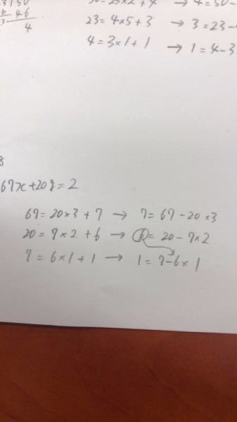 67x+20y=2を満たす整数x、yの組を1つ求めよ。 - という問題でこ