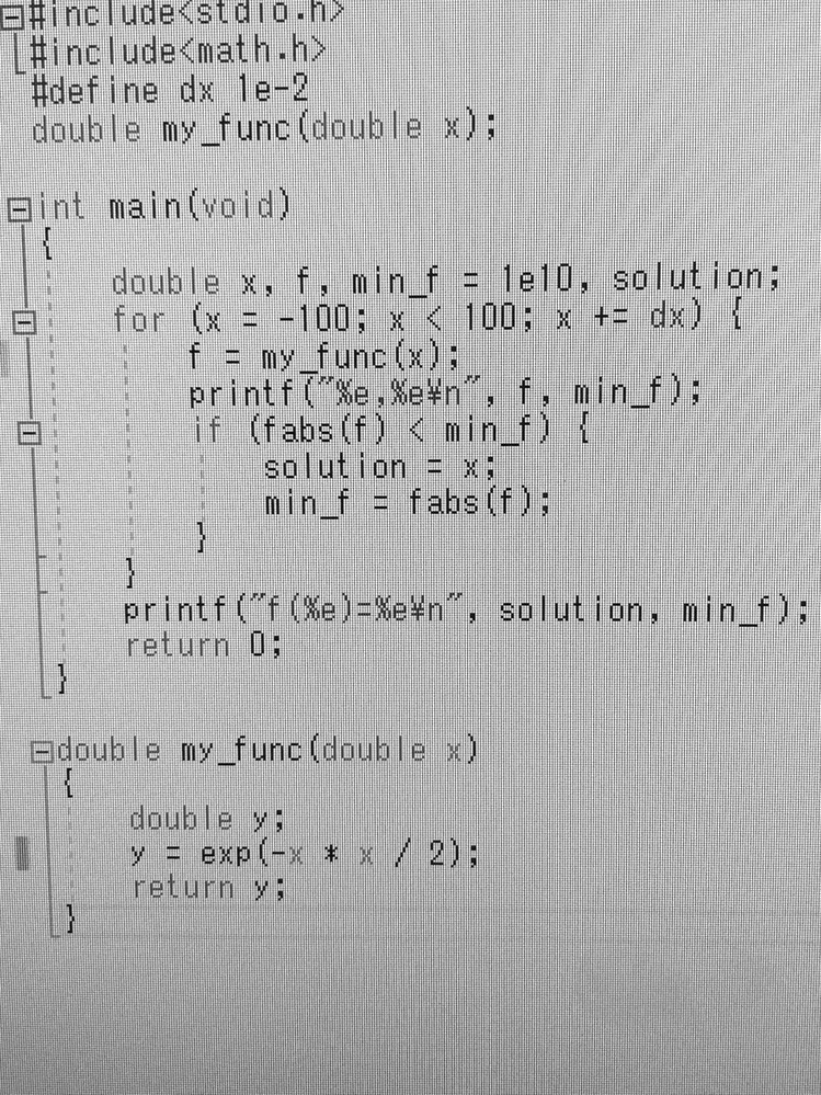 c言語についてアドバイスお願いします。f(x)＝exp［−x^x