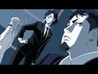 アニメ Psycho Pass に出てくるこの画像の左2人のうち奥は槙島と Yahoo 知恵袋