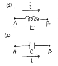コイル/キャパシタの両端の電位差について： 添付図（１）では節点 A,Bの間にコイルが、
添付図（２）では節点 A,Bの間にキャパシタがあります。

いずれの場合でも節点 A Bの間に流れる電流をi[A]で表します。
（電流の方向はAからBに向かう方向を正とします

添付図(1),(2)の場合で、節点Bの電位VBと節点Aの電位VAの差
VBA[V]：＝VB[V]-VA[V]はどうなりますか？...