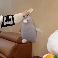 txtのボムギュがこのうさぎのぬいぐるみの耳をもって遊んでいた