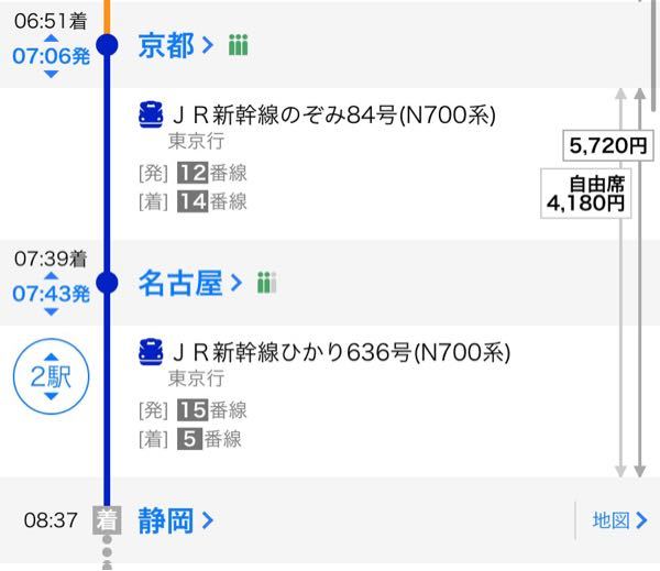 新幹線で京都駅から静岡駅まで写真のダイヤで行きたいのですが、チケットの買い方と名古屋での乗り換えがよくわかりません。 京都駅で名古屋までのチケットを購入し、名古屋駅で静岡駅のチケットを購入しないといけないのか、京都駅で静岡駅までのチケットを購入できるのか教えてください。