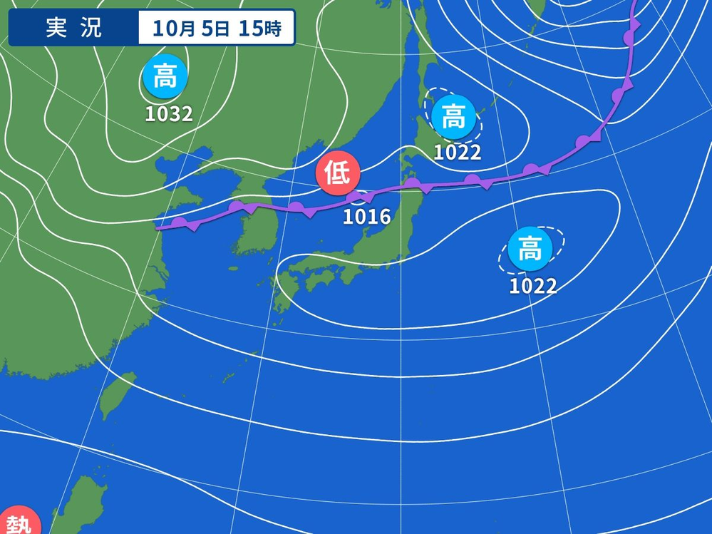 停滞前線の南側にあって西日本に張り出しているのはオホーツク海高気圧ですか？ また前線の北側にある1032hpaの高気圧は移動性高気圧ですか？