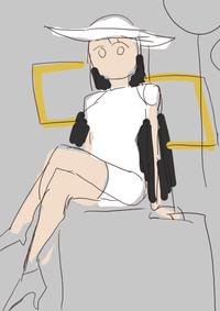 イラストを探しています 黒髪の女性が座っている 背景に風船や小物 額縁 白 Yahoo 知恵袋