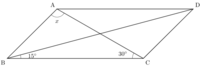 角度の問題 下の図の四角形ABCDは平行四辺形である。∠DBC＝15°、∠ACB＝30°のとき、∠Xの大きさを求めなさい。
