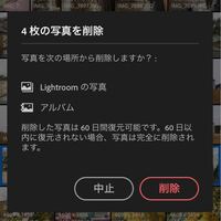 Lightroomのアプリについて質問させてください。 アプリから写真を消そうと思うとこのような表示が出てきました。これは、カメラロールに書き出しをしていても、iPhoneのアルバムから消えてしまうという意味ですか？？

容量が圧迫していて消したいのですが、消えてしまうのが怖くて消せません…