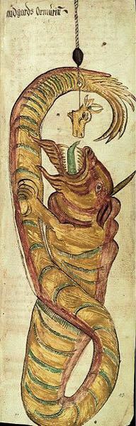 北欧神話に詳しい方に質問です。 この絵に書いてあるヨルムンガンドには何故前足があるのですか？ヨルムンガンドはよく大蛇と解説されていますが普通蛇には足はないですよね。何か意味があるのでしょうか？
