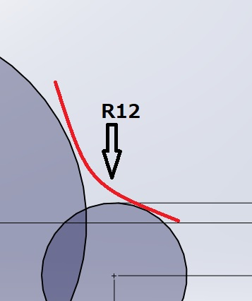 Solidworksで円と円を滑らかに繋げたい 画像のようにR12のカーブで円と円を繋げる方法を教えてください。 よろしくお願いします。
