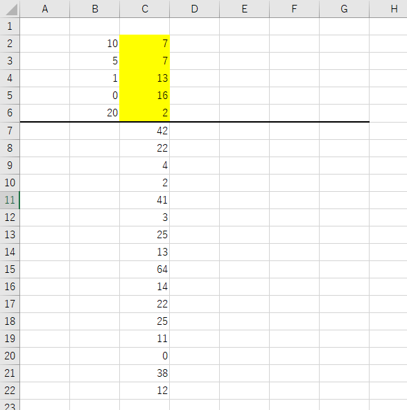 Excelについて教えてください。 C7以下の線下に数字が並んでおり、その内容を基に集計結果を表示したい状況です。 具体的には、B列に記載した数字を基に、C7以下の線下を集計して、結果を横の行Ｃ列黄色マーカー部分の各Ｃ2：Ｃ６に結果を表示させたいです。 内容としましては、Ｂ2の「10」という数字を参照として、C7以下の線下に数字の並びで、「10」以上の数字が最大で何個並んでいるかを表示したいです。 表の内容ですと、10以上の数字が連続して並んでいるのは、Ｃ13：Ｃ19までの7個が最大ですので、結果として7と記載しております。 Ｂ3で例えますと、「5」が入っておりますので、C7以下の線下で5以上が並んでいる場所の最大は、Ｃ13：Ｃ19までの7個が最大ですので、結果として7と記載しております。 黄色マーカー部分にどのような関数を入力することで、表示することができますでしょうか。 何卒宜しくお願い致します。