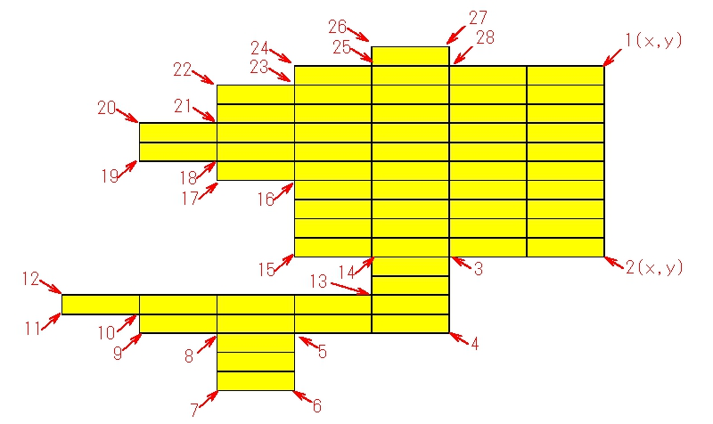 エクセルVBAでのセルの角の座標の取得について 画像のようにランダムに選択されたセルの角の座標(ピクセル？)を取得するコードがわかる方、教えて下さい。 【条件】 ・セルは連続した（繋がった）セルとする ・セル数は制限なし（最大1000セルくらい？） ・どこの角からスタートでもよい ・時計周りでも反時計周りでもよい
