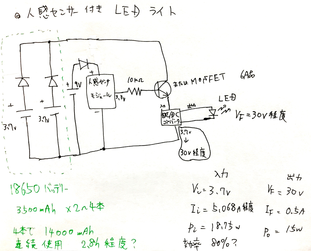人感センサー付きLEDライトを自作しようと思っています。 市販品を購入するというのも手ですが、 いろいろと材料が余っているため自作しようと思いました。 しかし、動作するのに回路図がこれで合っているかがわかりません。 ※稚拙な回路図ですみません。。。 ◆入力電圧 18650バッテリー(保護素子付き)×２～４本を並列接続 相互充放電を防止するためにダイオードを各バッテリーに直列接続 ◆人感センサー回路モジュール 別電源で9V電池を接続しています。(当モジュールの駆動電圧が4.5Vからの為) ここにもダイオードが必要なのかわかりません。。。 ・使用品 https://www.amazon.co.jp/dp/B081GYJ9CR/?coliid=I3R5A2UCZP67SL&colid=XUB9A7U5J8DF&psc=1&ref_=lv_ov_lig_dp_it ◆MOSFET 図記号がトランジスタですが、ここは6A品を載せる予定です。 ゲート抵抗はこのくらいでいいのかわかりません。。。 ◆DC-DCコンバーター 18650バッテリーの3.7Vを30V程度まで昇圧します。 ・使用品 https://www.amazon.co.jp/gp/product/B082M3DNVP/ref=ppx_yo_dt_b_asin_title_o06_s00?ie=UTF8&psc=1 ◆出力電圧(LED) VF=30V程度 IF＝0.5Aの予定(温度的に問題ないところまで) 間違いや改善点など、ご指摘ご教示のほう宜しくお願い致します。