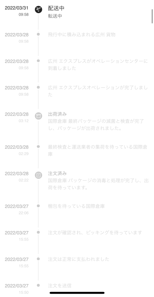 今sheinでの配送待ちなのですが、この状態からあと約何日かかる