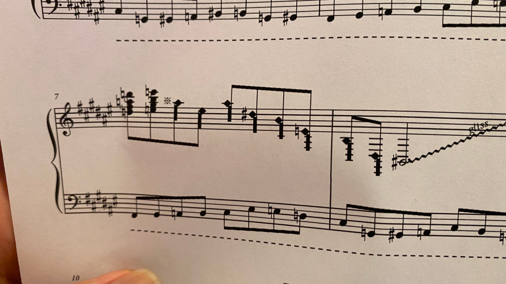 楽譜の符頭について ピアノの楽譜でこのような音符を見つけたのですが意味がわかりません。どなたか教えて下さい(; ;)