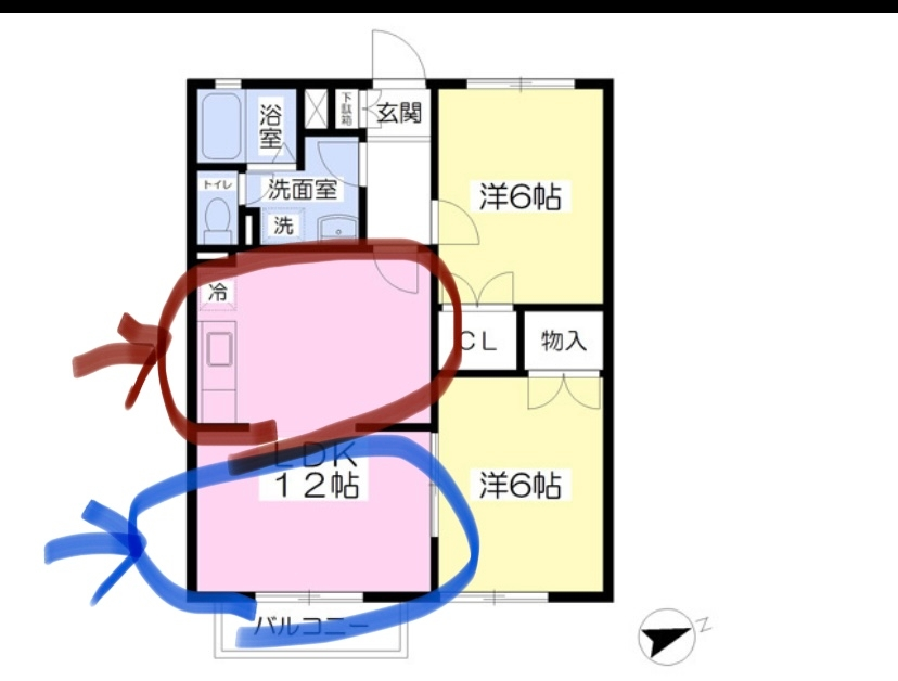 お部屋のレイアウトによるコーディネートのアドバイスをお願いします。みなさんなら赤丸と青丸のスペースにどんな家具を置きますか？2LDKです。よろしくお願いします。ざっくりで結構です