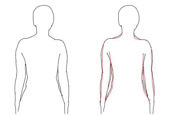 今の私の後ろ姿は左のような感じです(少し角度ずれてしまっています)。右の赤線のようなもう少しスリムになった感じになりたいです。多分姿勢とか巻き肩とか反り腰とか体重増加とかが色々な原因があると思う...