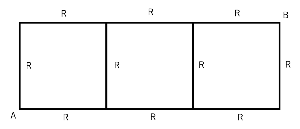 端子 A-B 間の合成抵抗 R_AB の求め方を教えてください。 よかったらキルヒホッフの法則での求め方を教えてください。 答えは 15R/8 だそうです。