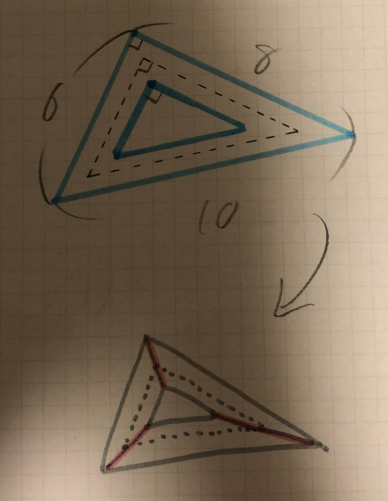 6m、8m、10mの直角三角形を描き、その直角三角形がセンターラインになるように幅a mの道をつくる。道の面積を求めなさい。 （センターラインは点線） この問題の解き方が分かりません。 赤で塗っている所を切り３つの形として考えないといけないのですが分かる方いますでしょうか？教えて頂けると嬉しいです。