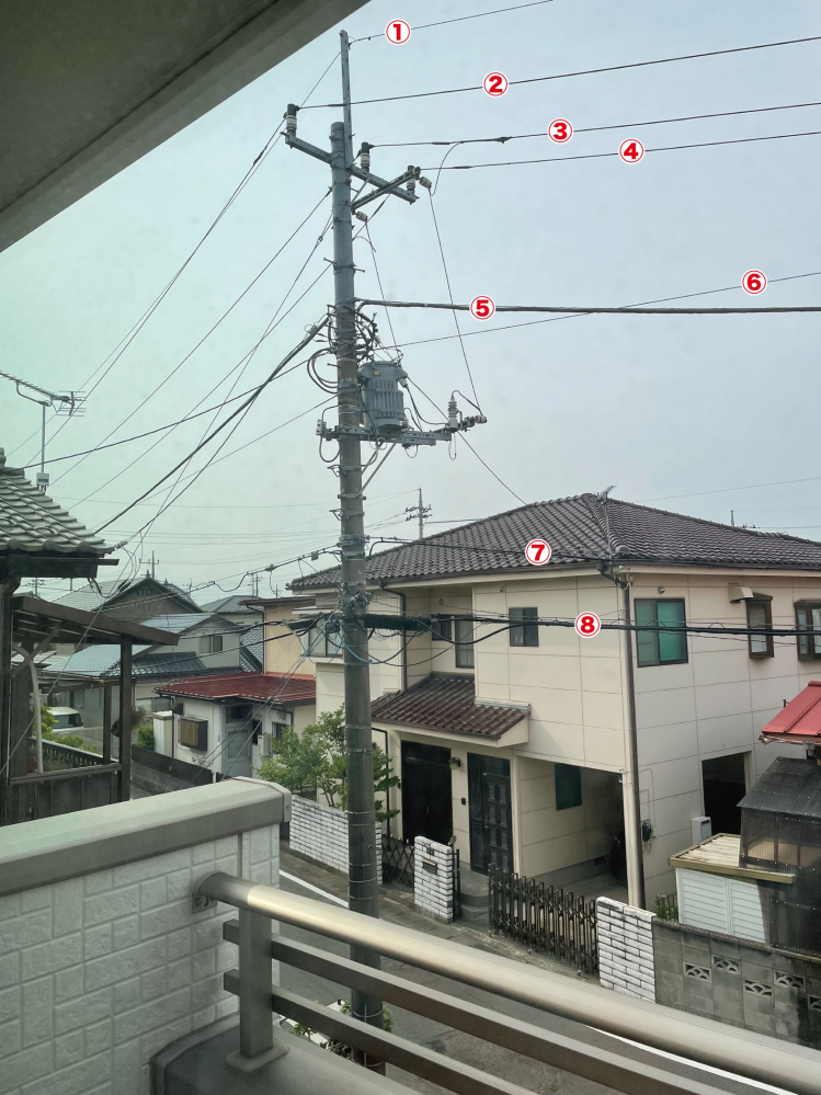 敷地の上を通る電線について質問です。 東京電力、NTT、J-comがあるとの事なのですが、添付画像で言うと どれが何の電線になるのでしょうか？ 教えてください、よろしくお願いします。
