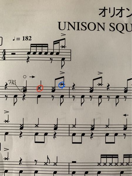 ドラムの楽譜について教えてください。 赤丸と青丸はどこのパートですか？