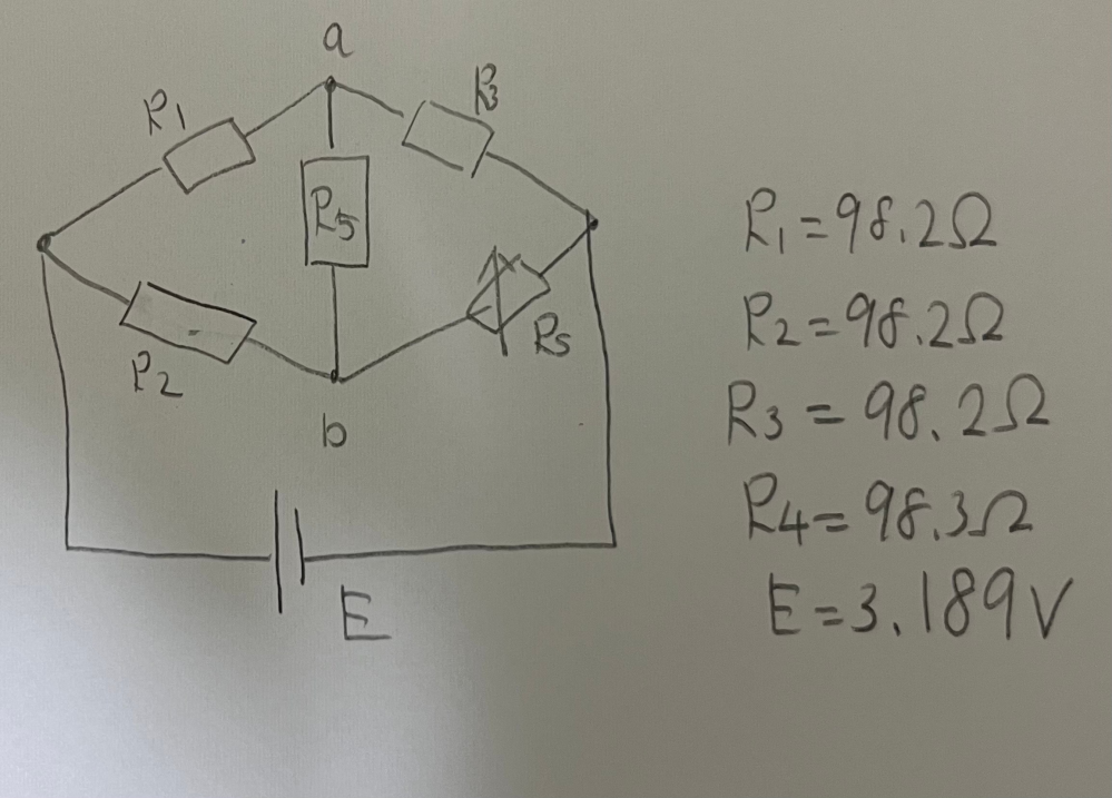 ブリッジ回路、端子ab間の電圧測定しながらブリッジ回路を平衡状態にした。。その後、ていこうR1を熱した時、端子ab間の電圧20.5mVに変化した。 この時の抵抗R1の抵抗値を求めたいです抵抗比と電圧比で解く式とデブナンの定理で解く方法をお願いします。至急‼️