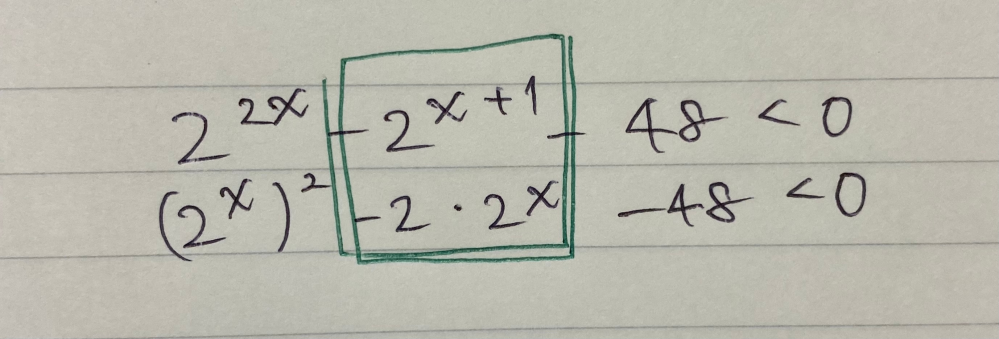 写真の問題で、緑で囲ってあるところの指数法則が分かりません。X乗される２のところにマイナスがなんでつかないのですか。回答お願いします