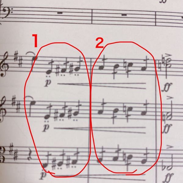 バイオリンパートでの1、2の弾き方がわかりません。 どなたか教えていただけないでしょう。 2、の弾き方は、四分音符に斜線が一つなので、八分音符でトレモロになるで合ってますか？ 1、は下に点が...