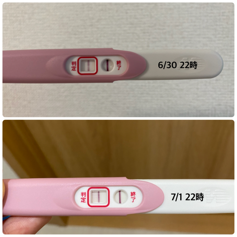 妊娠検査薬についてです。 生理予定日から5日目、6日目で、フライングと理解の上で検査薬を使用しました。 5日目（6/30）は、線が太く薄いですが、 6日目（7/1）は、線が細く濃いです。 光の...