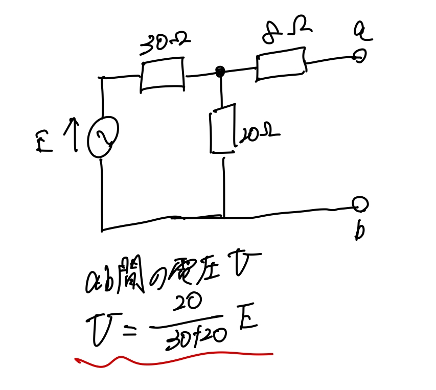 電気回路です。 なぜab間の電圧がこのような式になるのでしょうか。 分圧の法則を使っているんでしょうが、20Ωの抵抗の電圧がab間の電圧になる意味がわかりません。教えてください。