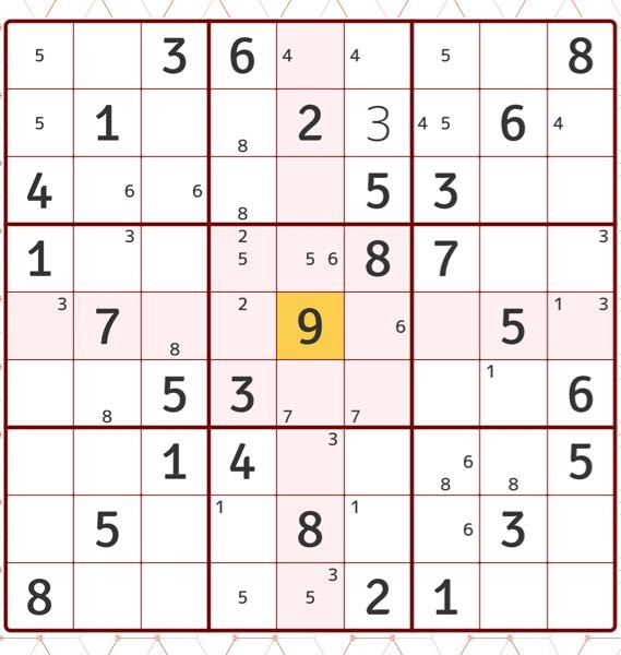 数独 ナンプレ クロスワード問題です(お暇な方へ) 解いていて手詰まりになりました。 3×3マスで2択の数字だけメモしています。 縦横を見ても絞り込める要素がありません。 解決の糸口が分かりそう...