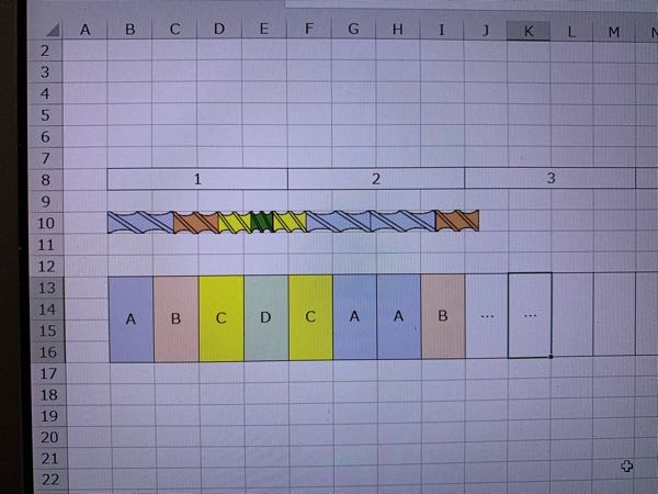 VBAの図形を使った内容になります。 「A」「B」「C」「D」という図形（名前ボックスに入力）があり、写真のようにB13セルから（B13〜B16を結合）左へ入力したら図形も左に並んでいくようなコードを組みたいのですが、教えてもらえないでしょうか？（最初のAの左位置はB10セルを起点に） また前提として図形を並べるのはシート1、元の図形はシート2にある状態でやりたいです。 （シート1のセルに入力したら、シート2にある図形をコピペし、シート1に並べていく、というようなコードになるのでしょうか？） よろしくお願いします( ´ ▽ ` )