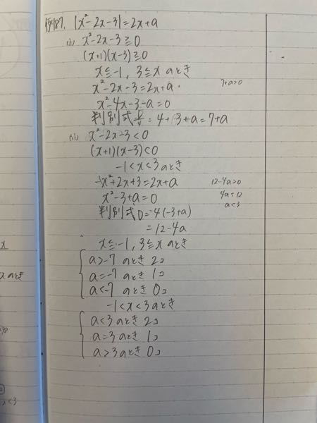 方程式|X²−2X−3|＝2X+a (aは定数)という問題についてです。 自分なりに(ノートに)解いた回答と全然答えが違うのですが、なぜこの方法でやるとダメなのか分かりません。どなたかお願いします<(_ _)>
