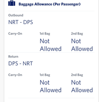 スカイマイルを使ってガルーダ・インドネシア航空でデンパサールまで特典航空券を予約しようとデルタのサイトから手続きを進めました。 荷物の欄でキャリーオンのところが空白で、1st bag Not Allowed 2ndbag Not Allowed と出たんですが、これはもしかして手荷物だけしか持っていけないのでしょうか？預け荷物不可ってことでしょうか？
