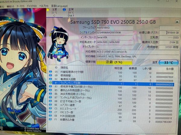 SSDの寿命についてcrystaldiskinfoで健康状態注意(1%)と - Yahoo!知恵袋