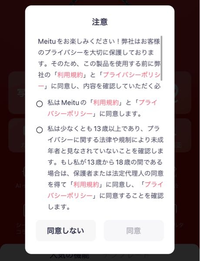 至急です…！
meituというアプリを開くと、こういう画面が出てきます。↓↓↓
同意が押せないのですが対処法はありますか？ 