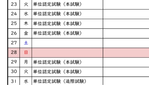 おおぞら高等学校の単位認定試験についてです。 先生からなかなか返信が帰ってこないので知恵袋で質問させてください。 写真のように、1週間くらい毎日単位認定試験と書かれているのですが、これって単位認定試験と書かれている日全部試験を受けなきゃ行けないですか？？ それとも、自分が受けるのはこの中の1,2日だけということでしょうか？ 批判的なコメントはお控えいただけると幸いです。