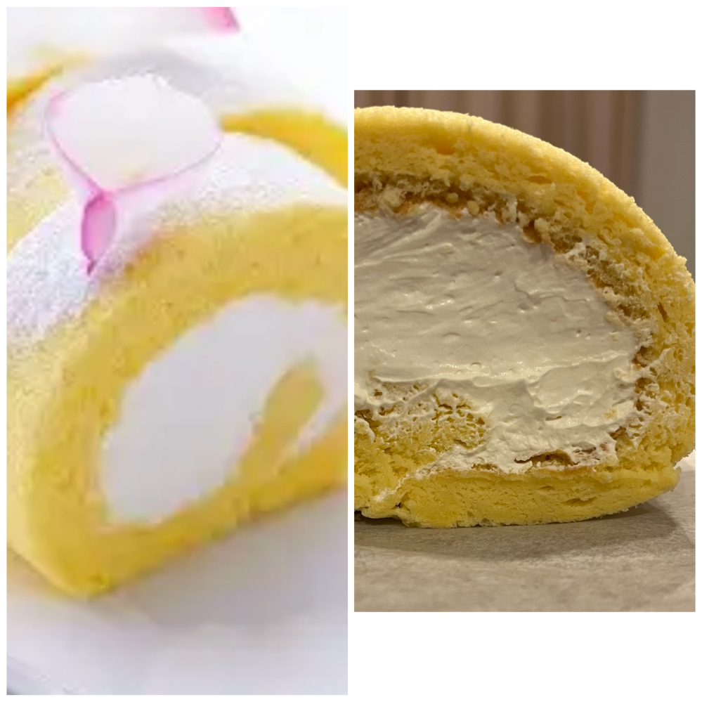 ロールケーキを作ったのですが、左の写真のようにふわふわなものができません。焼いた直後まではふわふわで生地も厚いのですが、だんだんとしぼんでしまい右の写真のように薄い生地になってしまいます。 どうしたらふわふわで厚い生地に出来ますか？