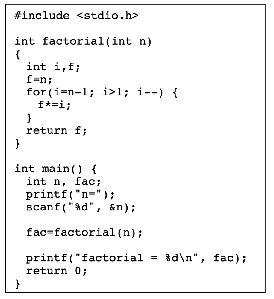 C言語についてです。 □ 課題 1. 入力した二数の階乗の和を作るプログラムを作ってください。 サンプルプログラムの factorial 関数を二度使えば良いでしょう。機能単位に切り出した関数を再利用することで プログラムの機能修正が容易に、また読みやすくなることを感じてください。 これのコードを教えていただきたいです。 よろしくお願いします。