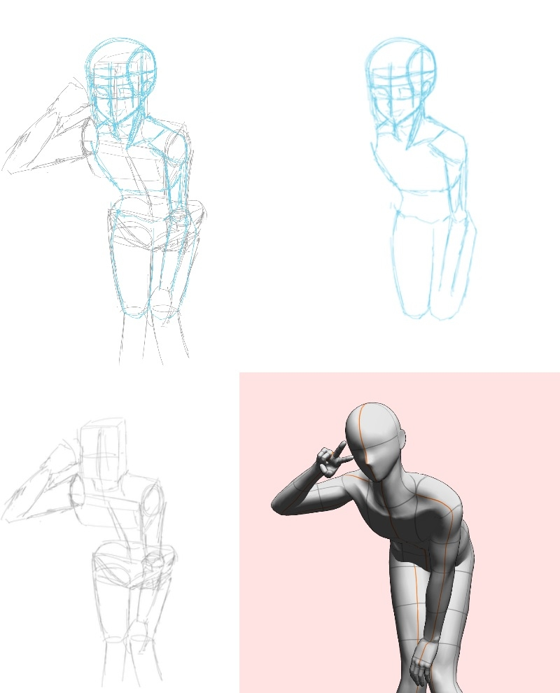 体の描き方について 前屈みの姿勢を書いているのですが、なかなか、骨盤と上半身を繋ぐお腹ら辺の描き方がいまいちわかりません どこをどう修正すればいいでしょうか？