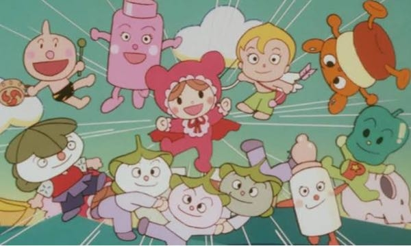 左上のピンクの容器のようなキャラクターの名前がわかる方いらっしゃいましたら教えてください。 調べましたが、みるくぼうやまでしか辿り着けませんでした。 もしよろしければ、わかる範囲で全部教えていただけますと大変喜びます。