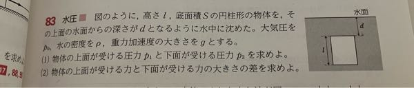 至急です。高一物理 (2)の問題、(1)で求まった2つの圧力をただ引くだけじゃなぜだめなのでしょうか？ 圧力=力÷力が働いた面積、というのはわかるのですが、(1)ではなぜ圧力を求めろ、と言われているのに 面積で割らないのかがわかりません。 どう使い分ければよいのでしょう？