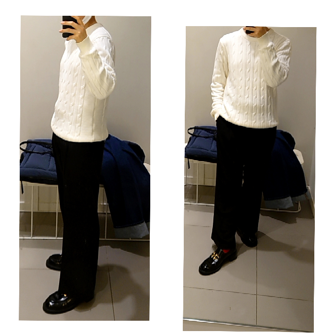 今日僕が着ていた服装です。 ダサいですか？普通ですか？ 白のケーブルニット スラックス ローファー 赤色靴下 23歳 170㌢ 60㌔ BMI22