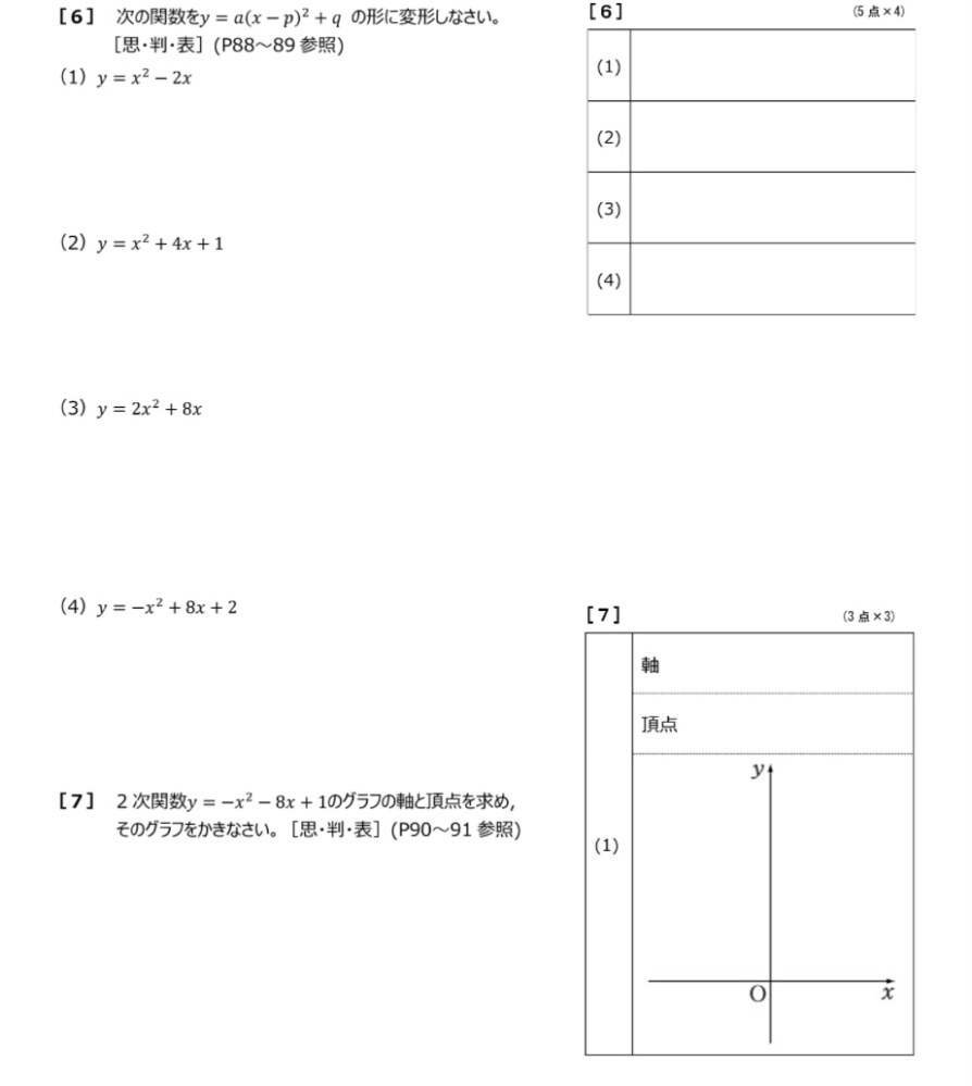 【至急】数学の問題です。 【6】次の関数をy=a(x-p)²+qの形に変形しなさい。 (1)y=x²-2x (2)y=x²+4x+1 (3)y=2x²+8x (4)y=-x²+8x+2 【7】二次関数y=-x²-8x+1のグラフの軸と頂点を求め、そのグラフをかきなさい。 です、優しい方お願い致します( ; ; )