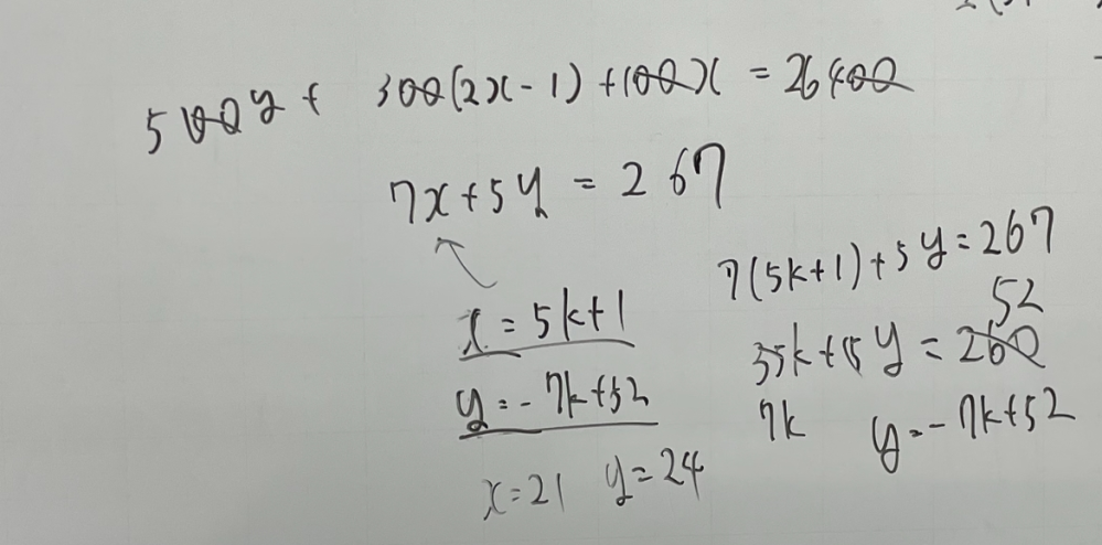 この問題で、7x+5y=267の後にx=5k+1になる理由が分かりません。誰か教えてください！
