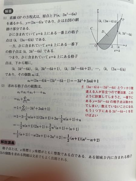 格子点の個数をΣで求める問題で、解答は画像のようにk＝1からnと