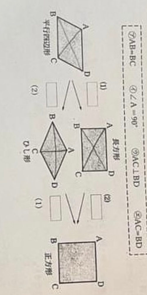 数学のトクベツな四角形について質問です。 写真の空欄にどの条件を当てはめれば良いのでしょうか？