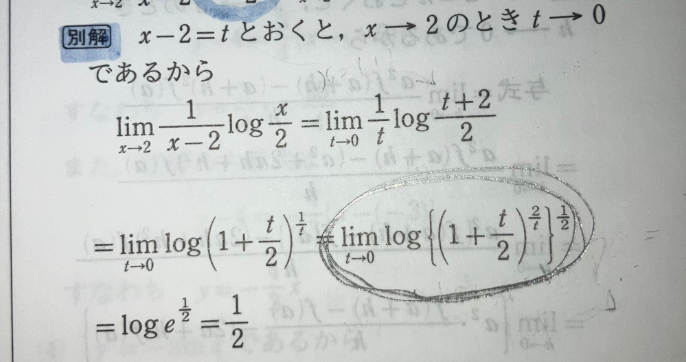 【数学Ⅲ】次の極限を求めよ。ただし,aは定数とする。 lim (log x/2)/(x-2) x→2 この問題の解答で、なぜ添付された画像にて丸で囲ってある箇所に変換したのか分かりませんでした。 皆さまの力をお借りしたいです。