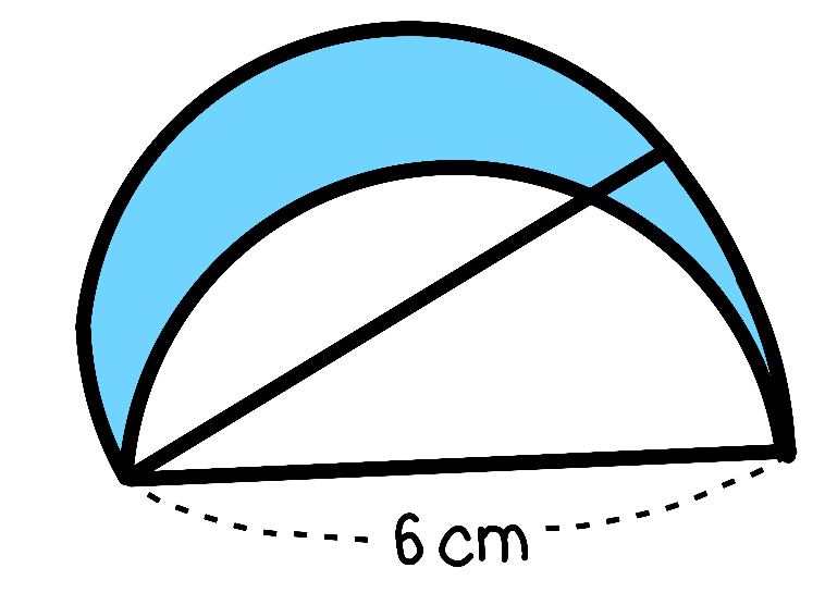 至急（中1数学） 解き方と答え教えてください 【問題】 下の図は半円を反時計回りに30°だけ回転移動させたものです。 色を塗った部分の周りの長さと面積を求めなさい。