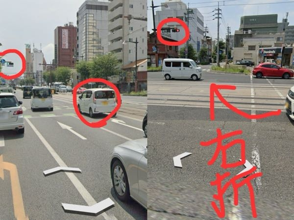 交通 / 運転 / ルール について！！ コイン25枚！！ 写真のように車線が多い道路で信号を右折するとき、目の前の信号が青の状態で右折して、右折した先が赤信号でも進んでいいのですか？ あと、この状態だと対向車も青信号ですよね？青信号で車が来ている状態だと右折するにしてもタイミングを見なくてはいけないという感じでしょうか？