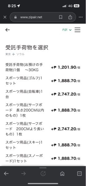 ZIPAIRの受託荷物の追加料金を払おうとおもったら、写真のよう