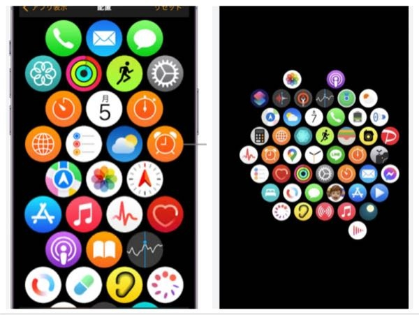 Apple Watch SEを購入しました。 アプリを上下左右にうごかしたいのですが、ほぼ上下にしか動きません。左右はほんの少しです。 グリッド表示にはしています。 iPhoneのアプリでの表示が左の写真のようになってるのですが右の写真のようになれば動くのでしょうか？ どうすれば右の写真みたいにできますか？ Apple Watch SEの初期不良でしょうか？